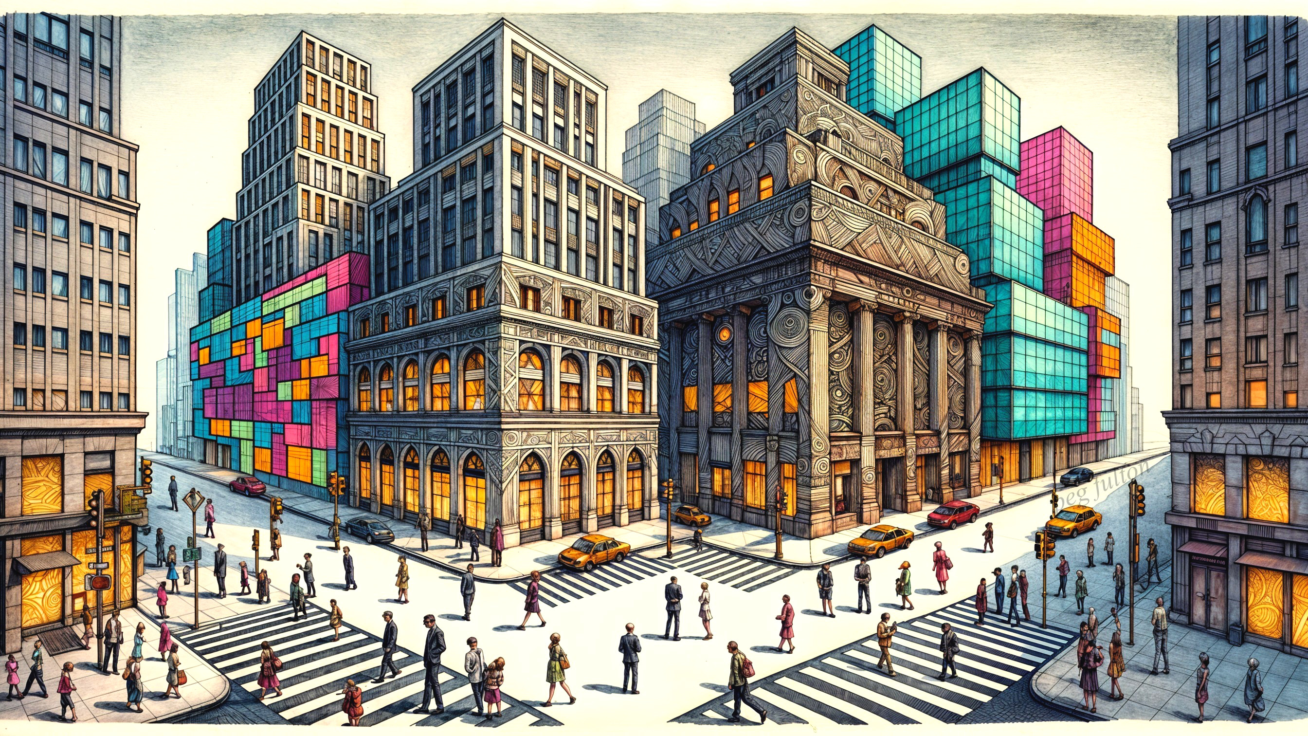 Urban Scene with Skyscrapers and Historic Architecture