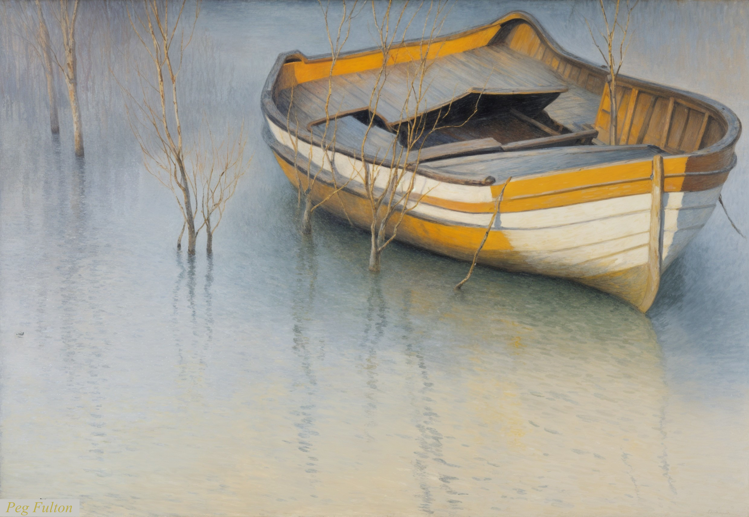 Weathered Boat in Tranquil Waters with Reflections