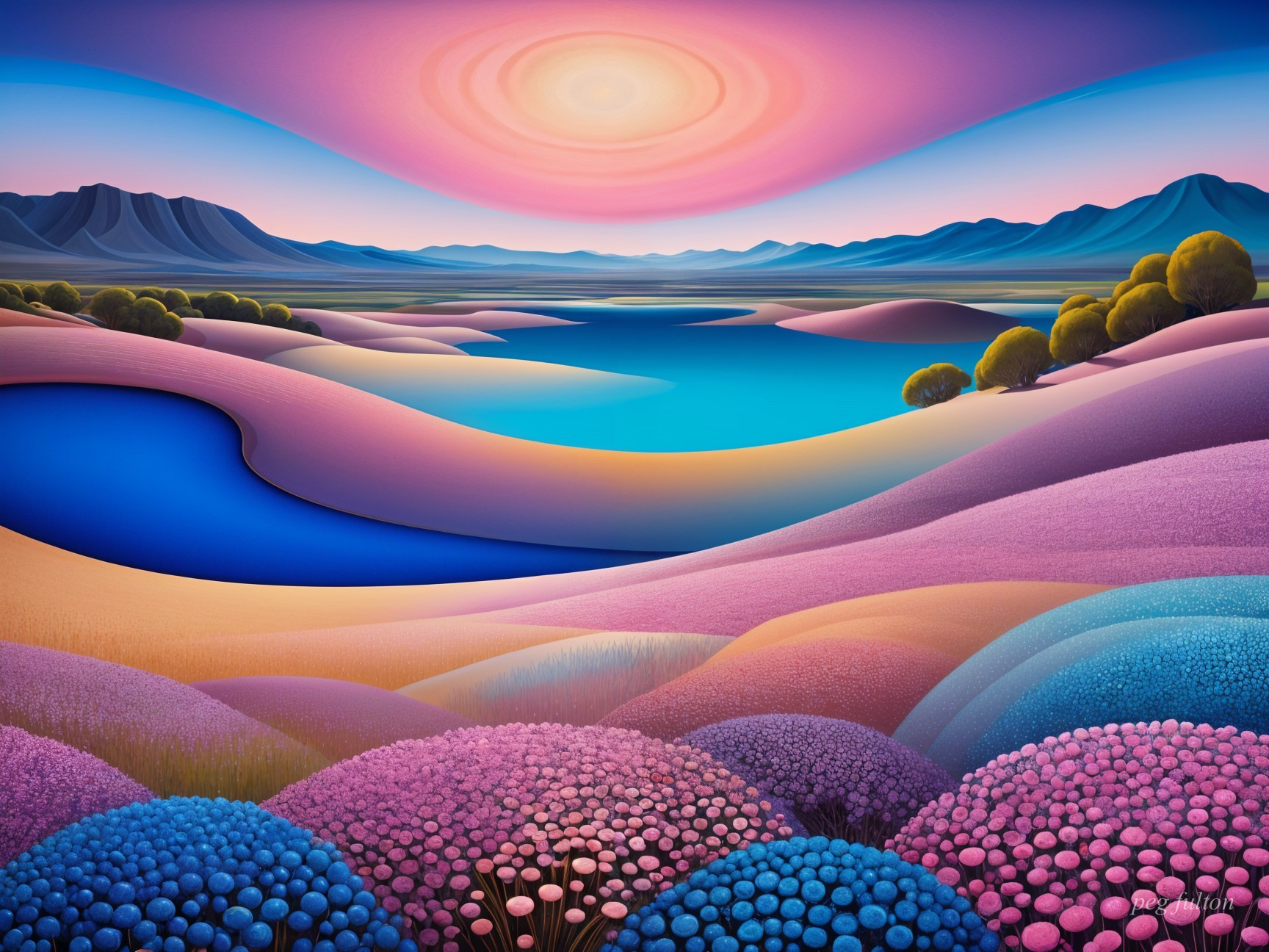 Vibrant Landscape of Hills, Bushes, and Sunset Waters