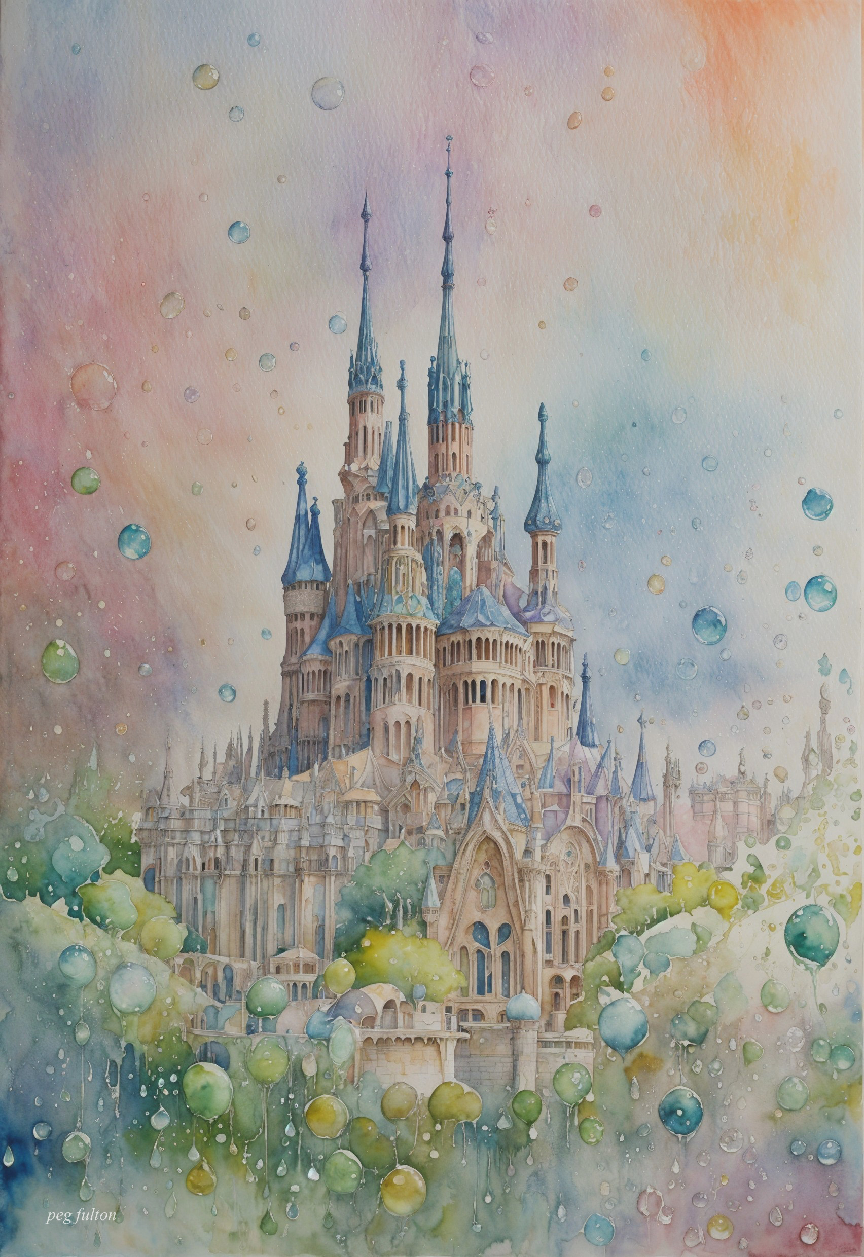 Majestic Fairy-Tale Castle with Pastel Sky and Bubbles
