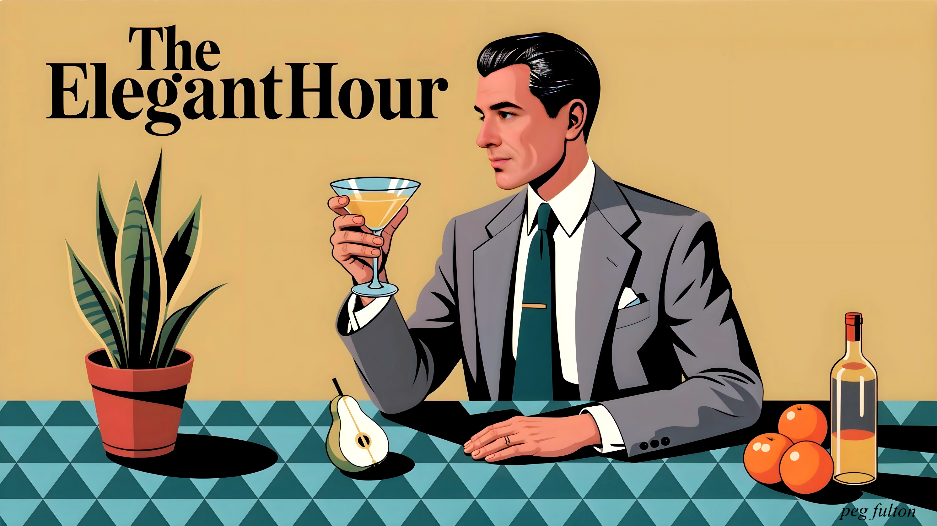 Stylish Man in Gray Suit with Martini at Table