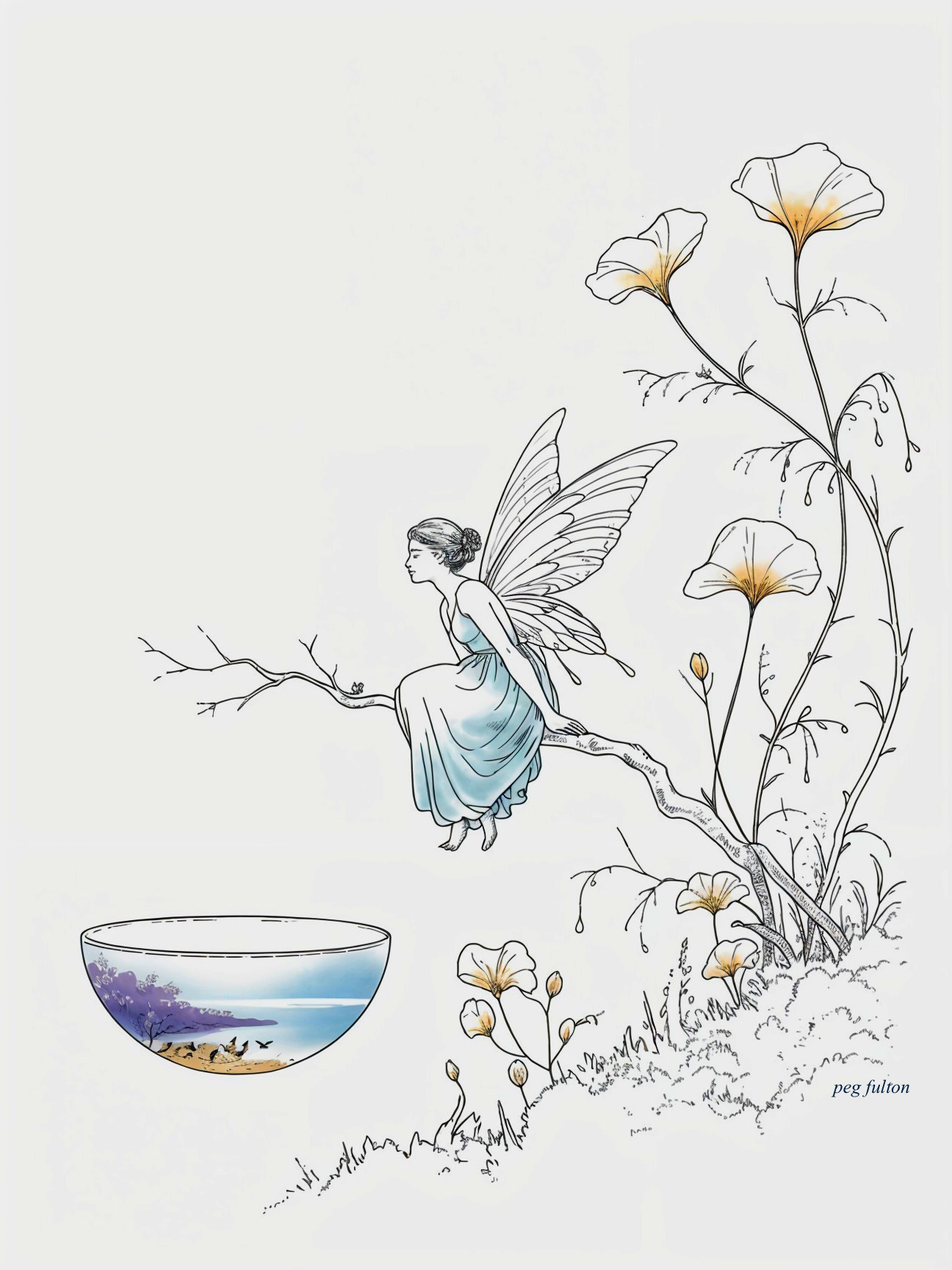 Fairy on Branch with Translucent Wings and Flowers