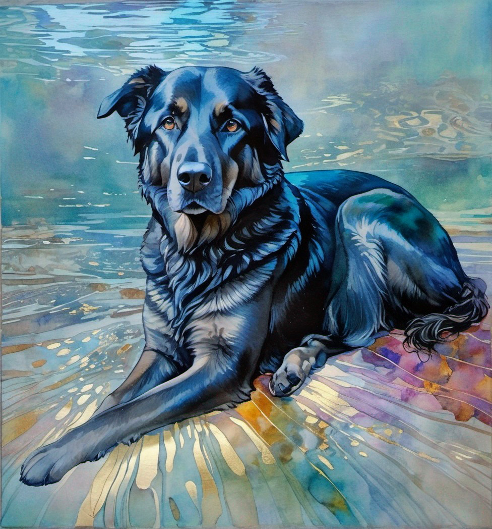 Black Dog with Glossy Coat Resting by Reflective Water in Sunlight