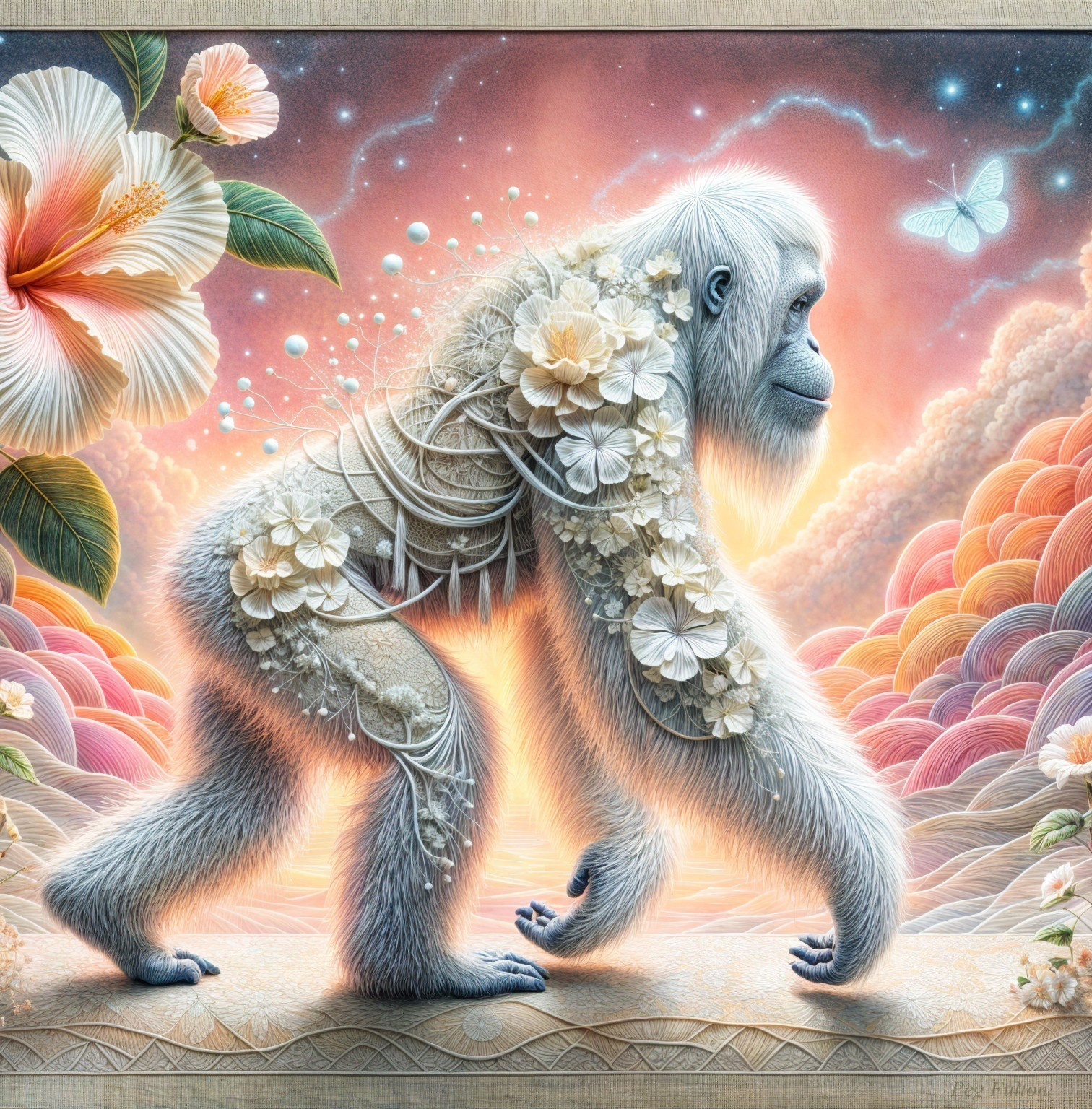 Gorilla Illustration with Flowers in Surreal Setting