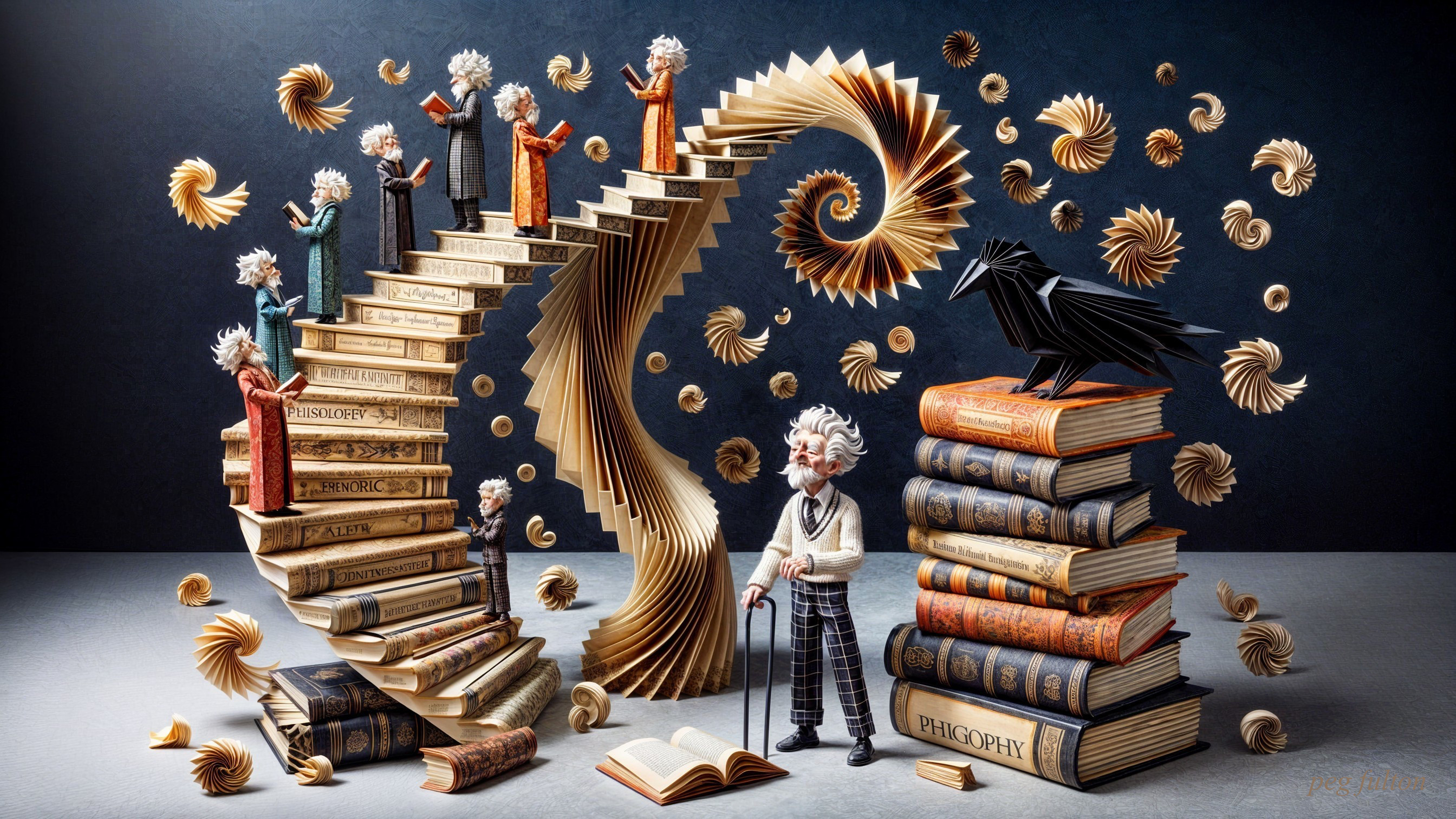 Spiral Staircase of Books with Thinkers and Raven