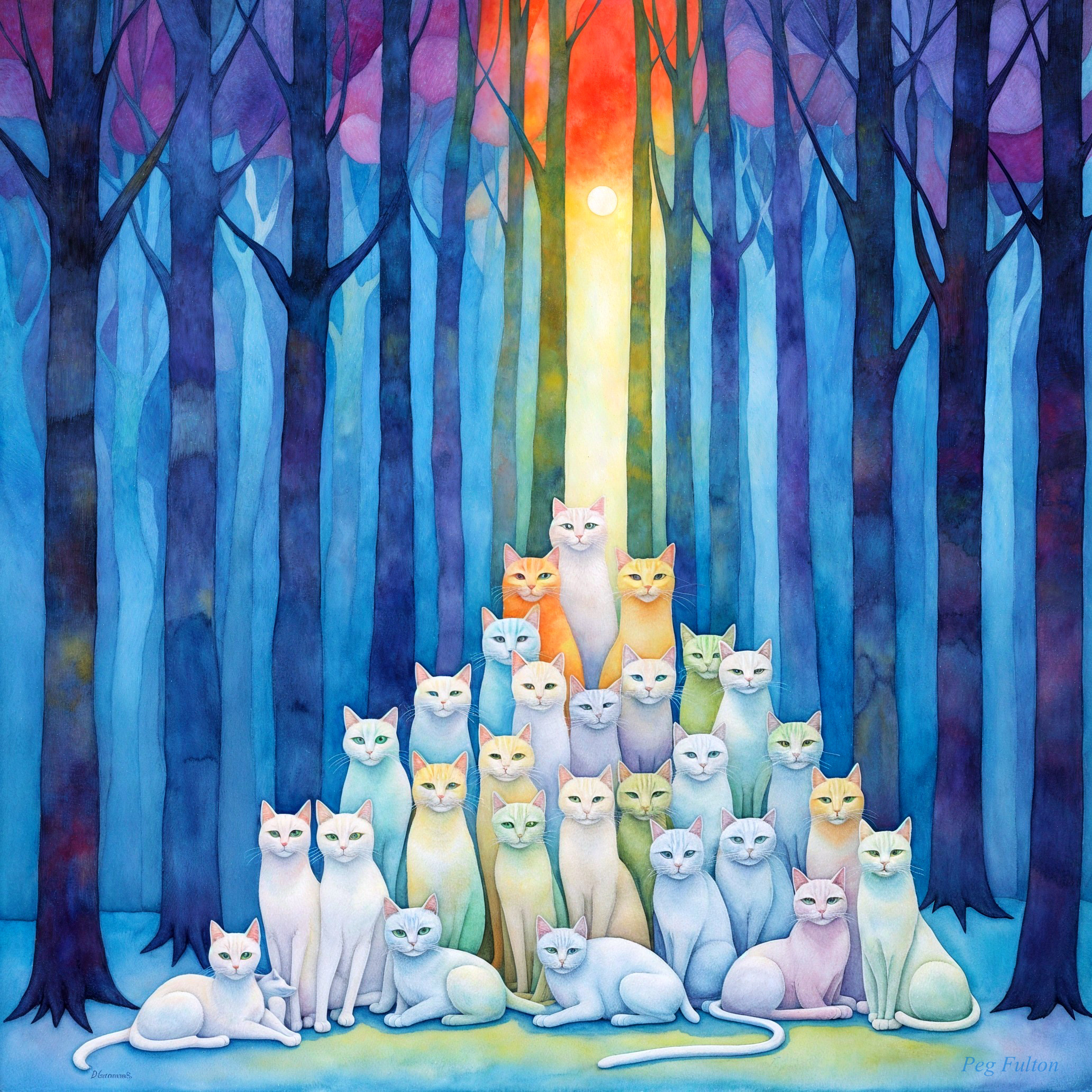 Colorful Cats in a Mystical Forest Gathering