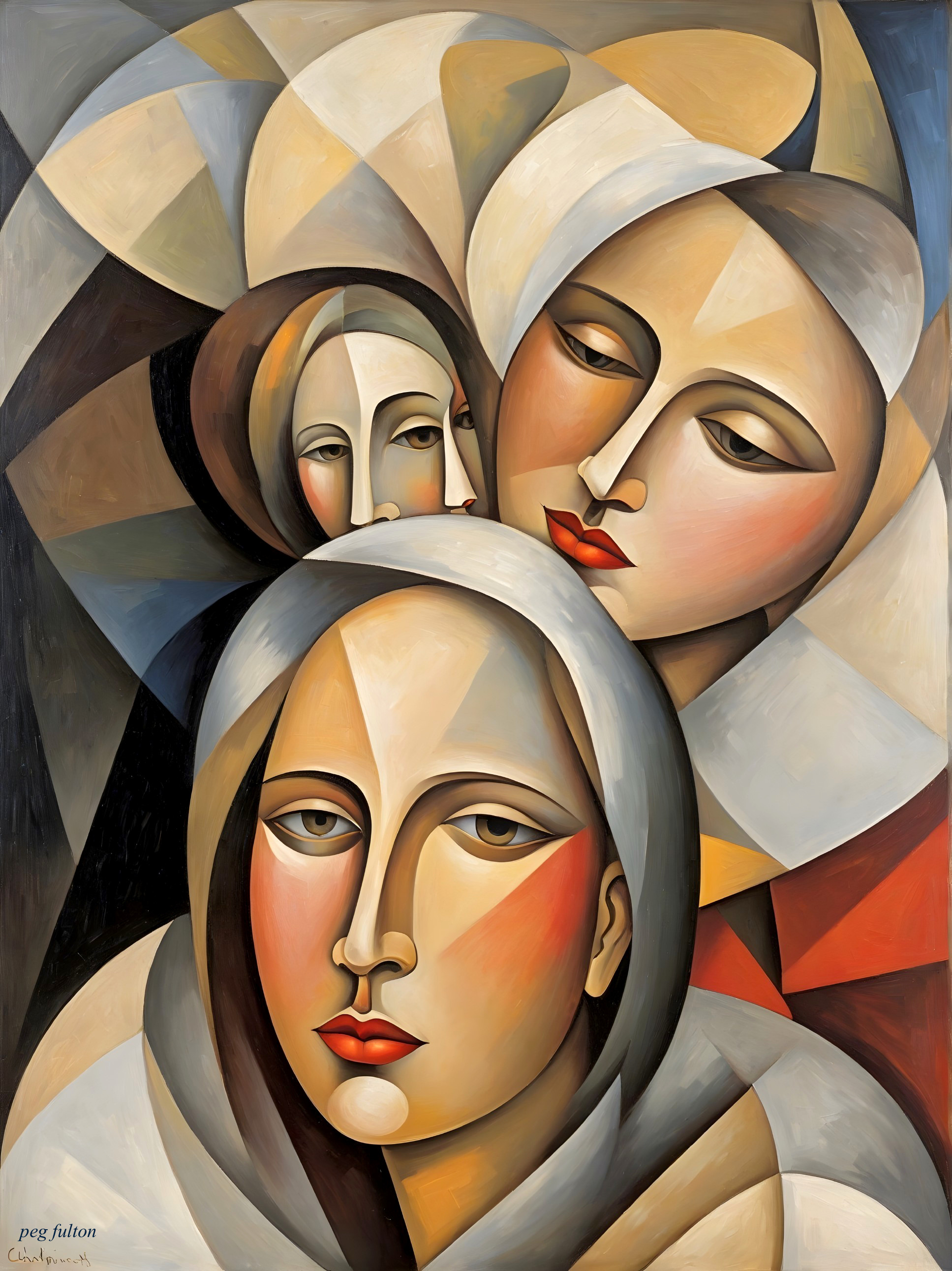 Stylized Artwork of Three Serene Female Figures