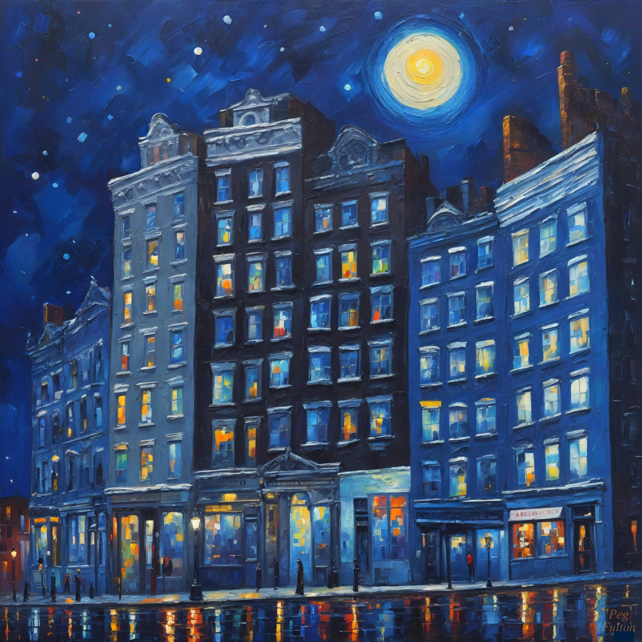 Vibrant Night Scene of Vintage Buildings and Moonlight