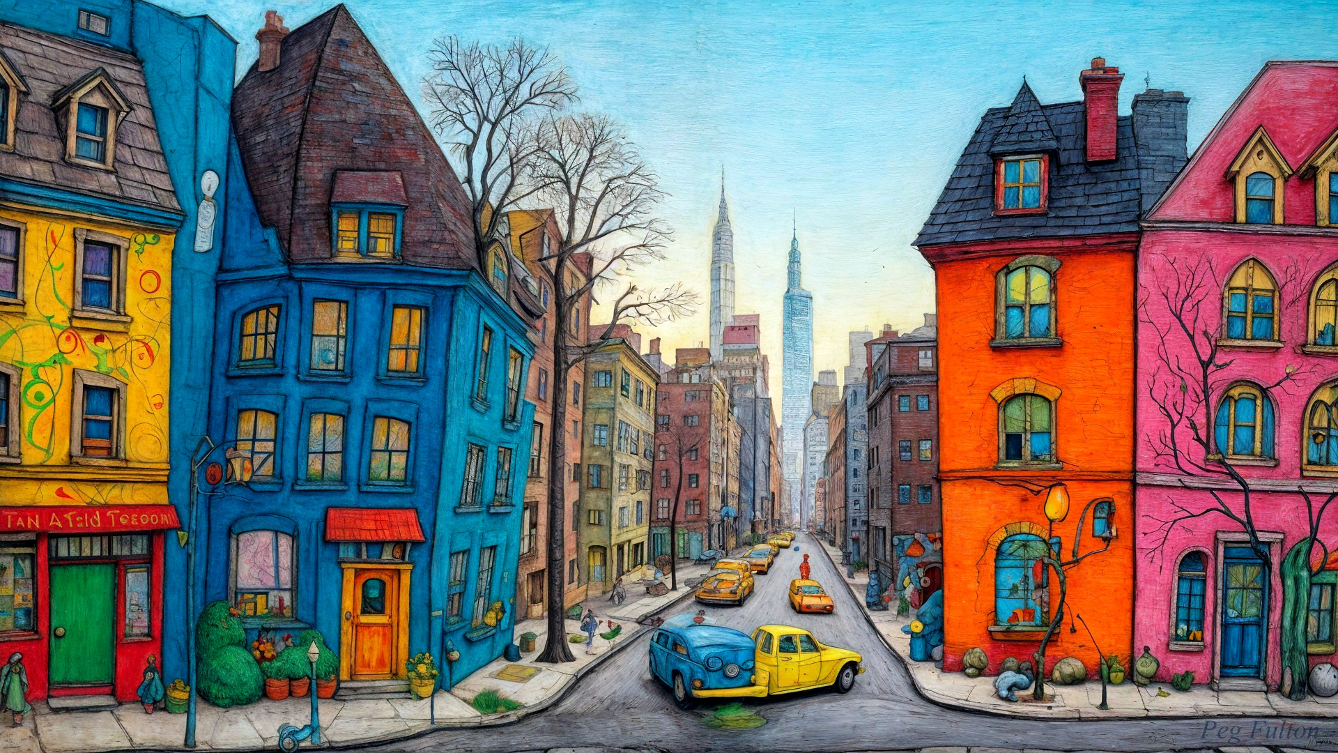 Colorful City Scene with Vibrant Architecture and Skyscrapers