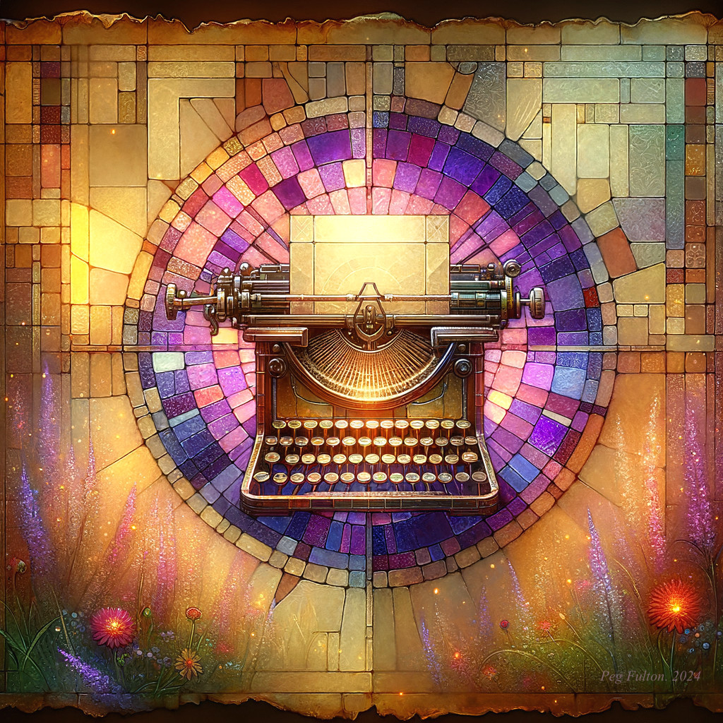 Vintage Typewriter with Colorful Stained Glass and Flowers