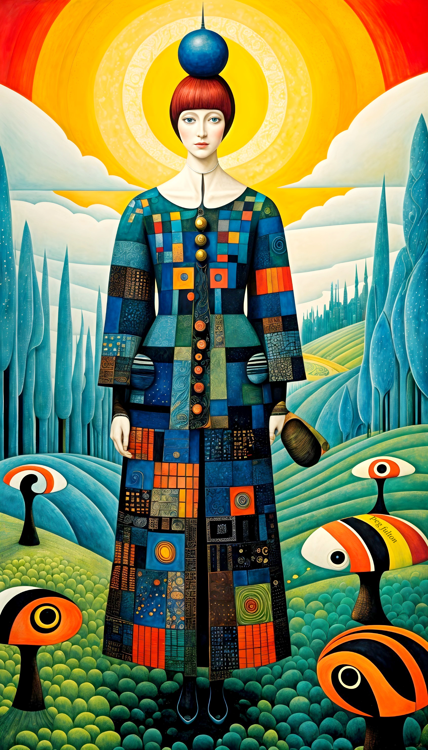 Serene Figure in Vibrant Dress in Whimsical Landscape