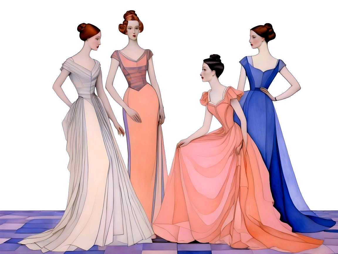 Four Women in Elegant Gowns Showcasing Sophisticated Fashion