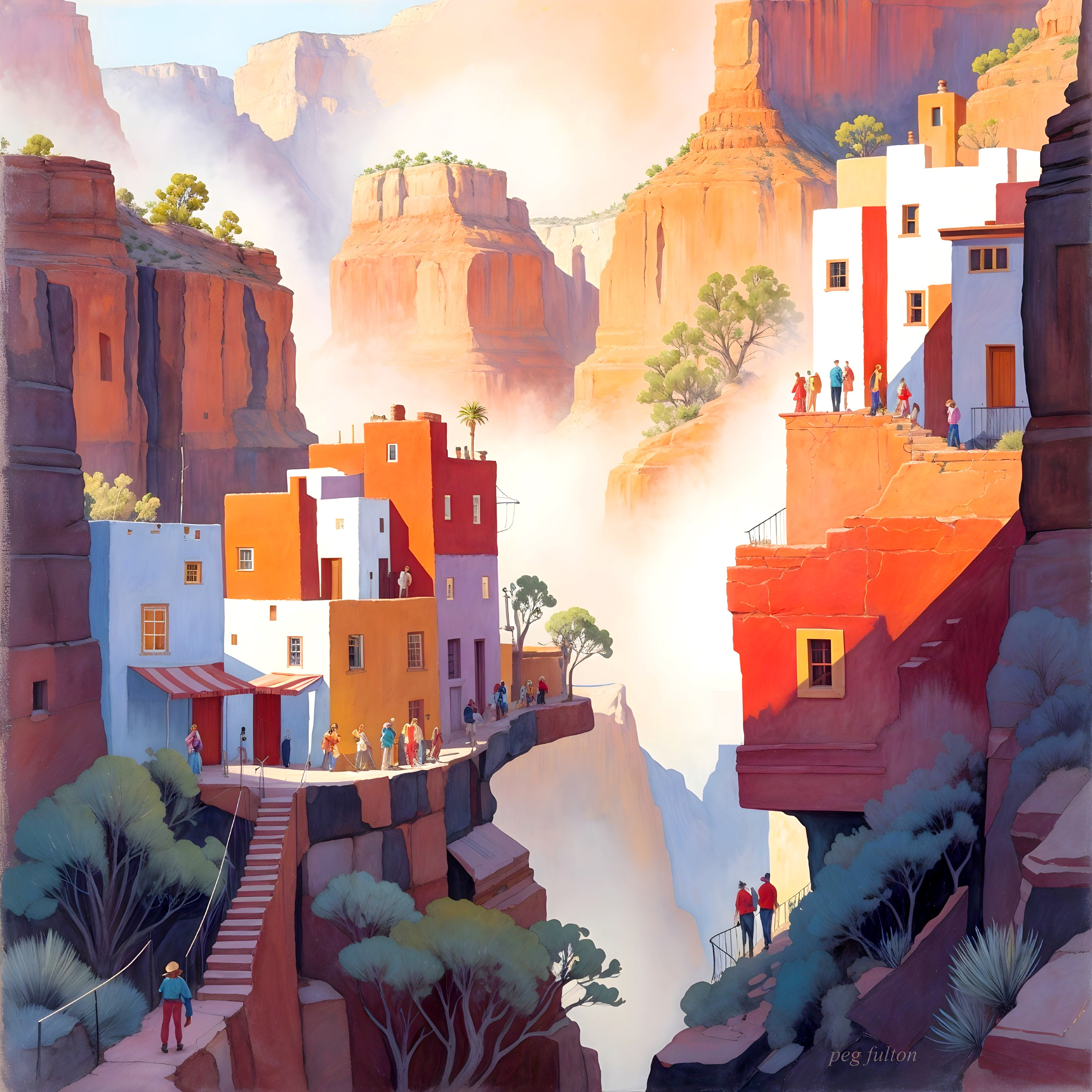 Vibrant Canyon Landscape with Colorful Cliffside Houses