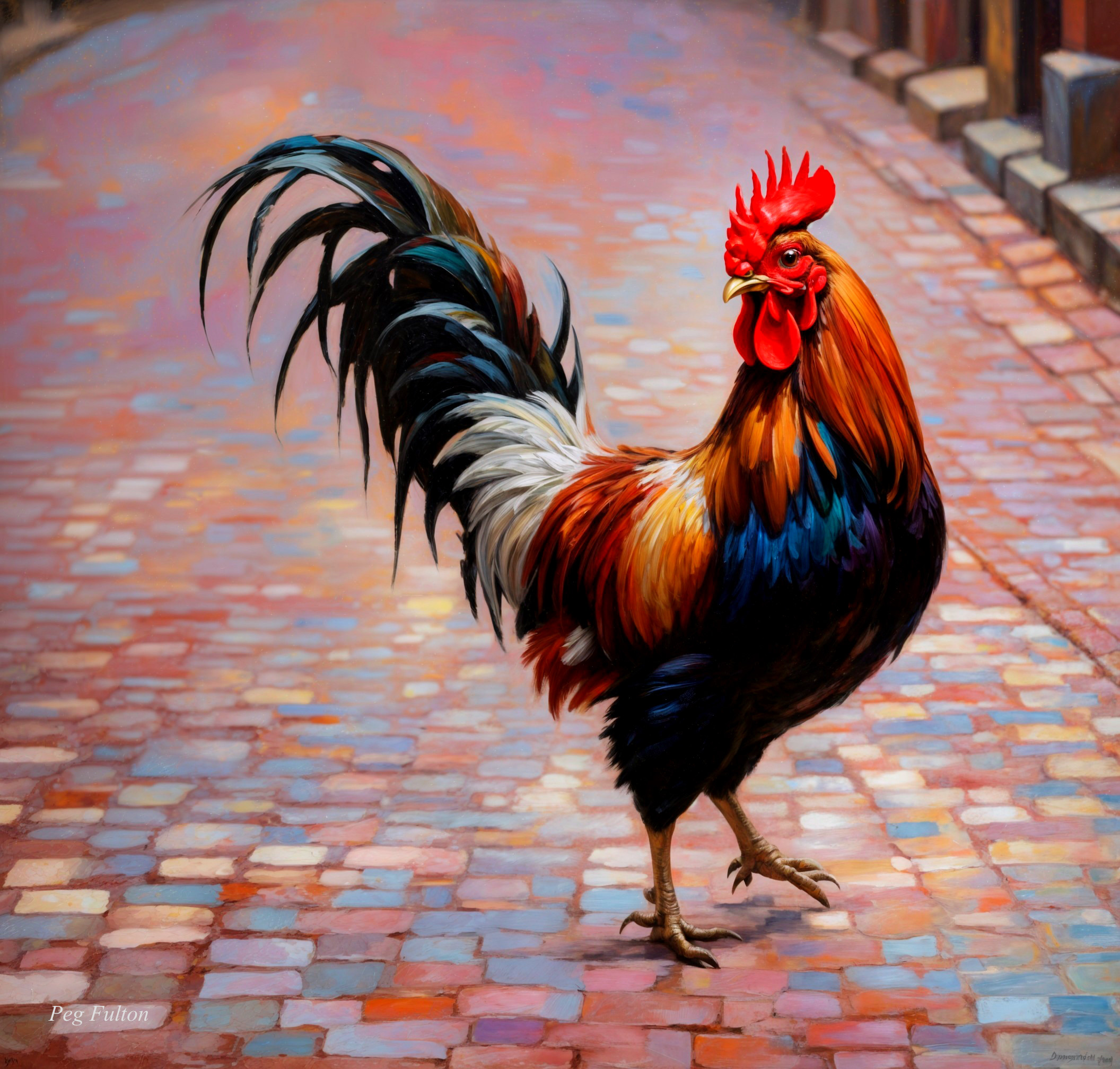Vibrant Rooster on Cobblestone Street with Colorful Feathers
