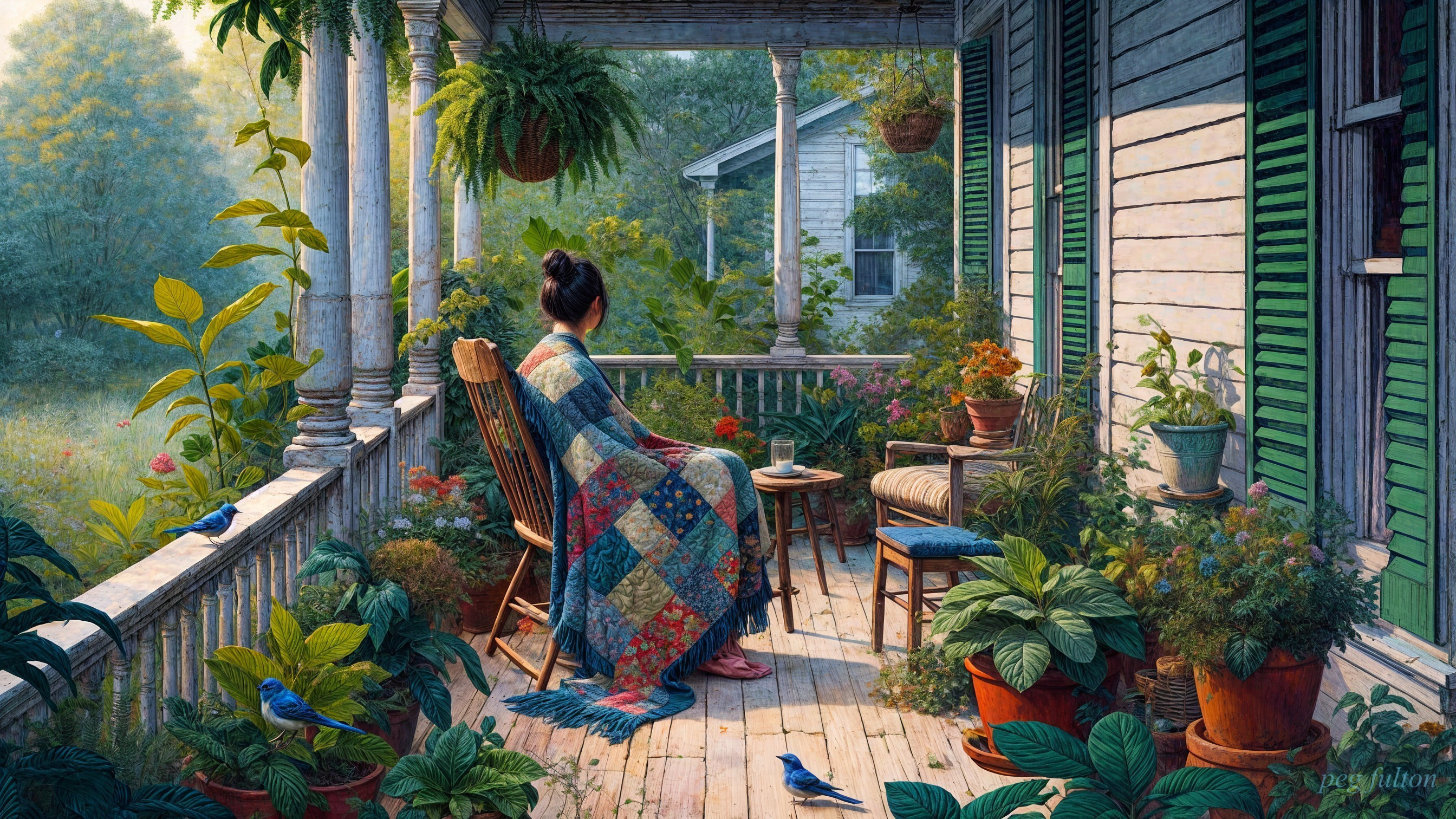 Woman on Porch with Quilt and Vibrant Plants