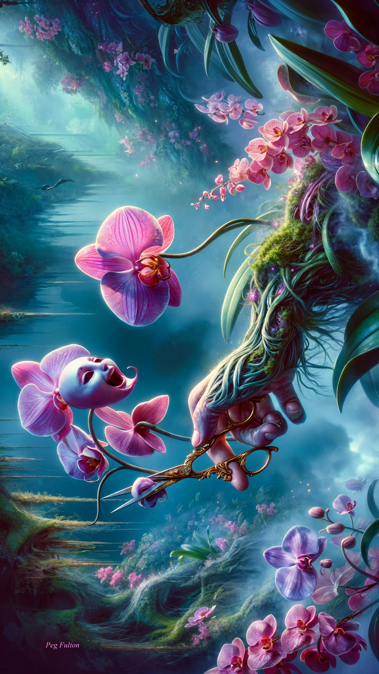 Delicate Hand Touching Pink Orchids in Mystical Forest