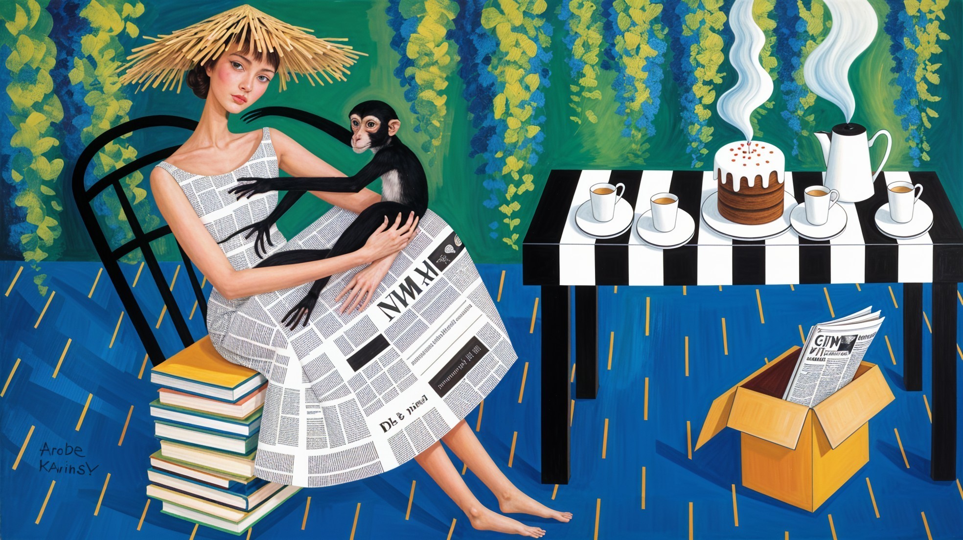 Woman in Newspaper Dress with Monkey and Books