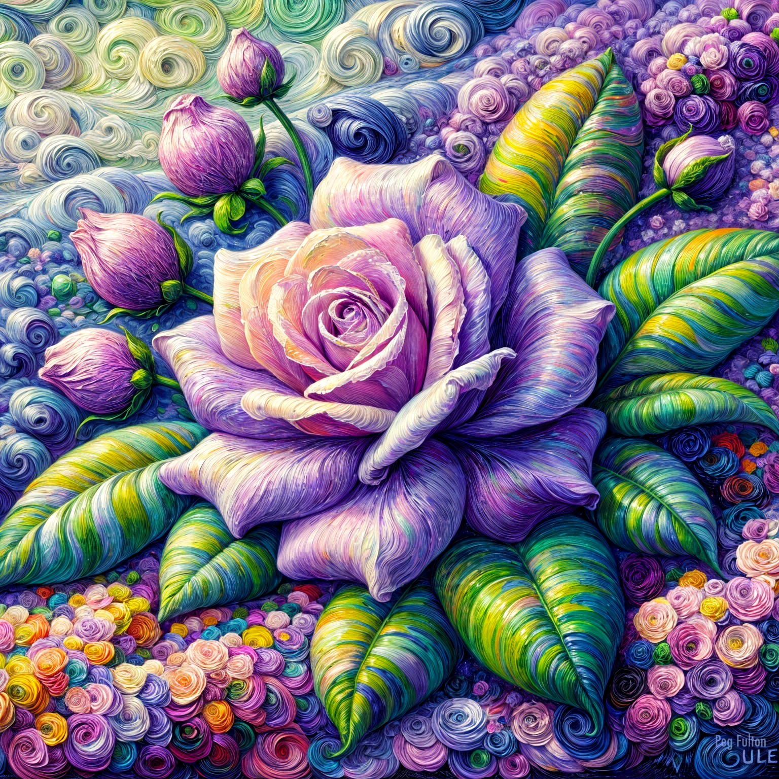 Lavender Rose Surrounded by Pastel Flowers and Leaves