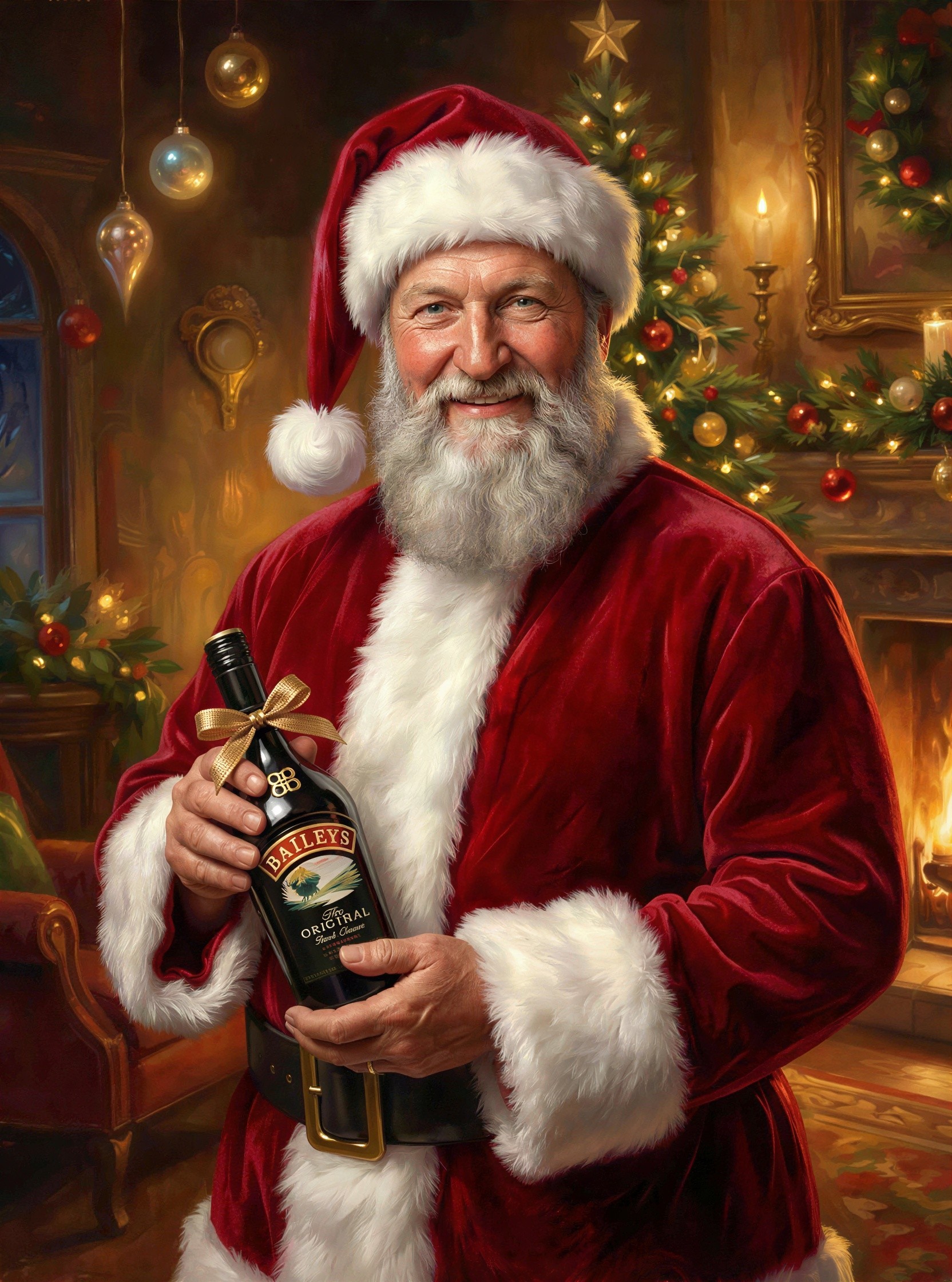 Santa Claus in a Cozy Christmas Setting with Baileys