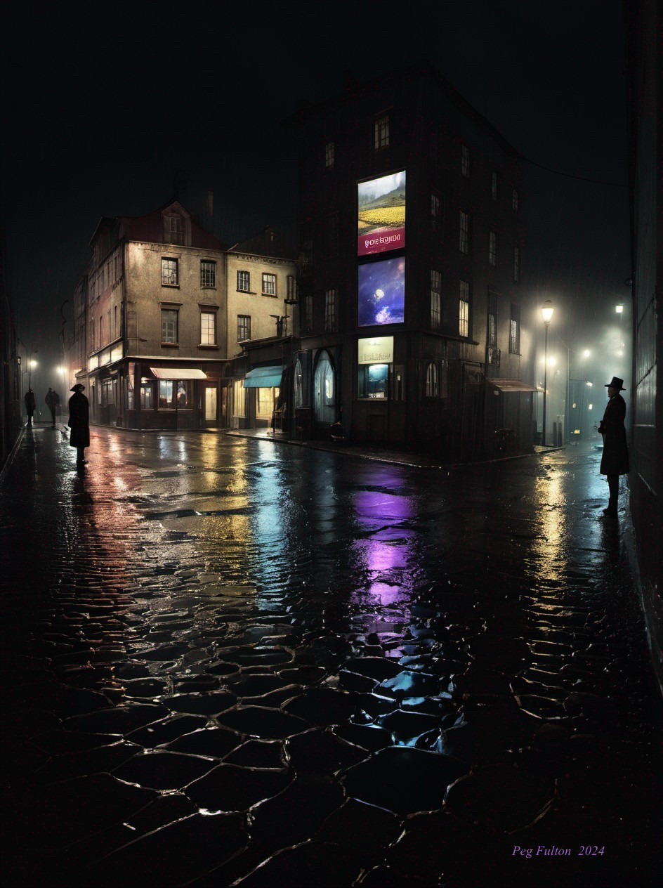 Foggy Night Street with Cobblestones and City Lights