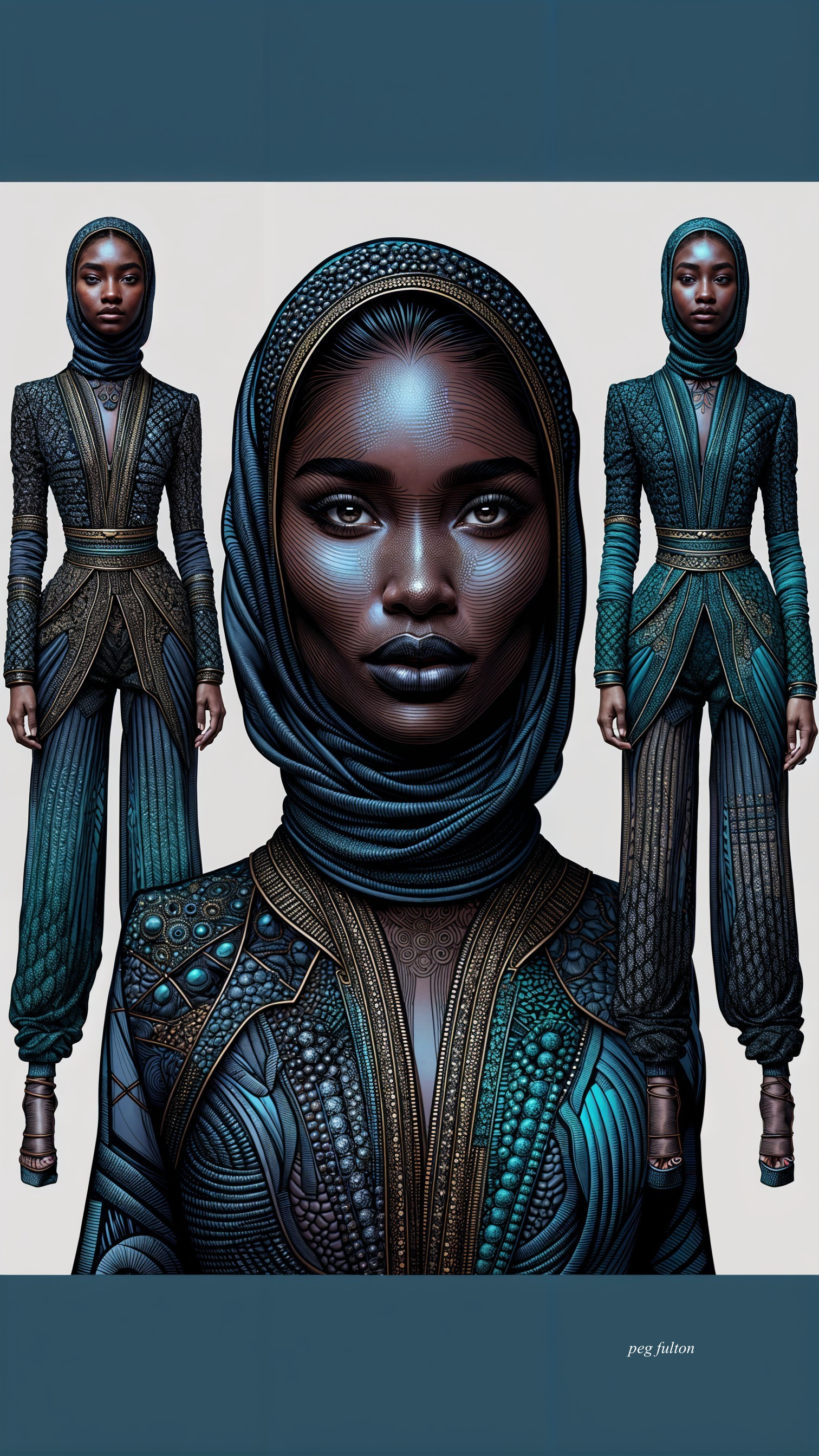 Futuristic character in intricate blue outfit design