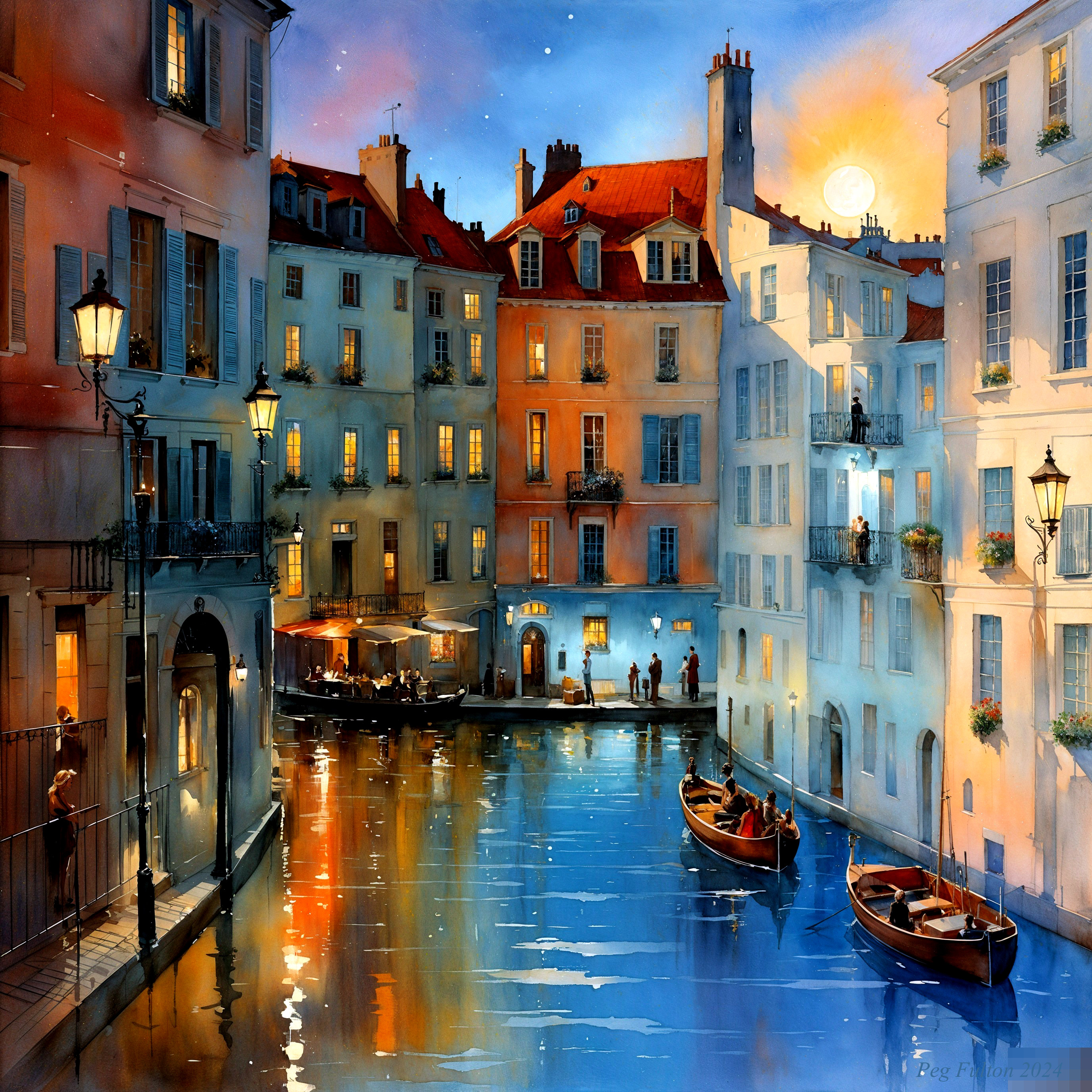 Picturesque Evening Scene of a Canal in a City