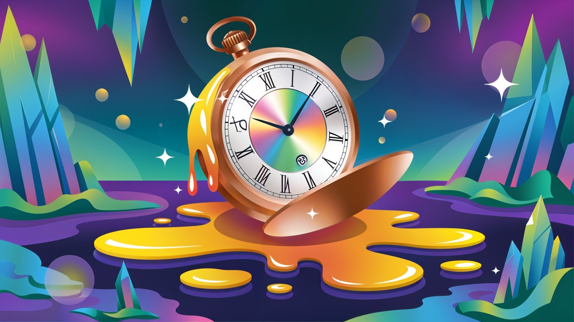 Whimsical Vintage Pocket Watch in Dreamlike Landscape