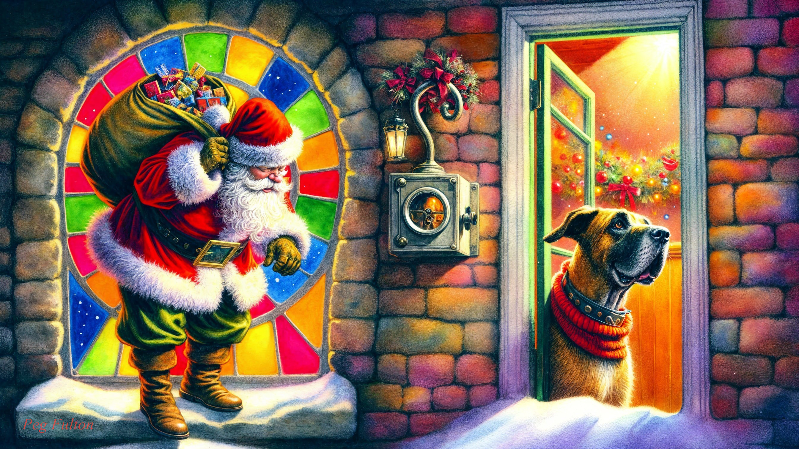 Santa Claus at Stained Glass Window with Gifts