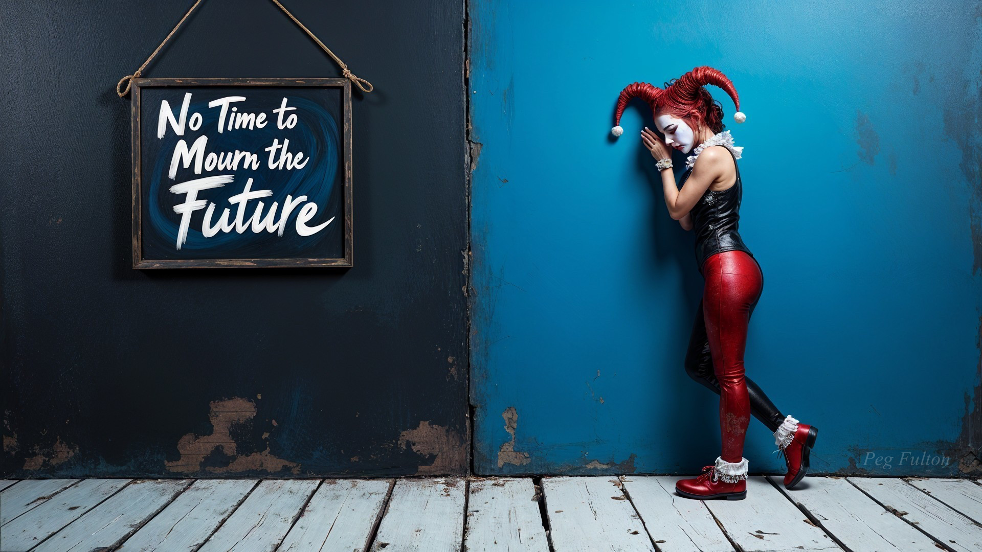 Woman in Vibrant Jester Costume Against Blue Wall