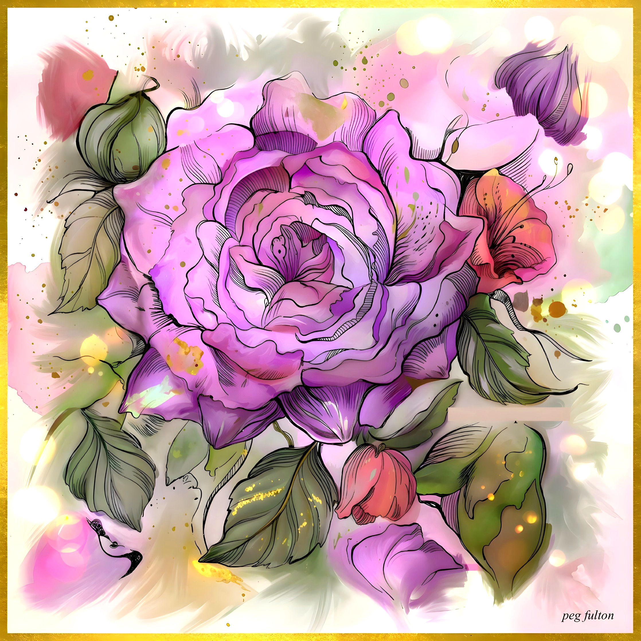 Vibrant Watercolor Painting of a Pink Rose and Leaves