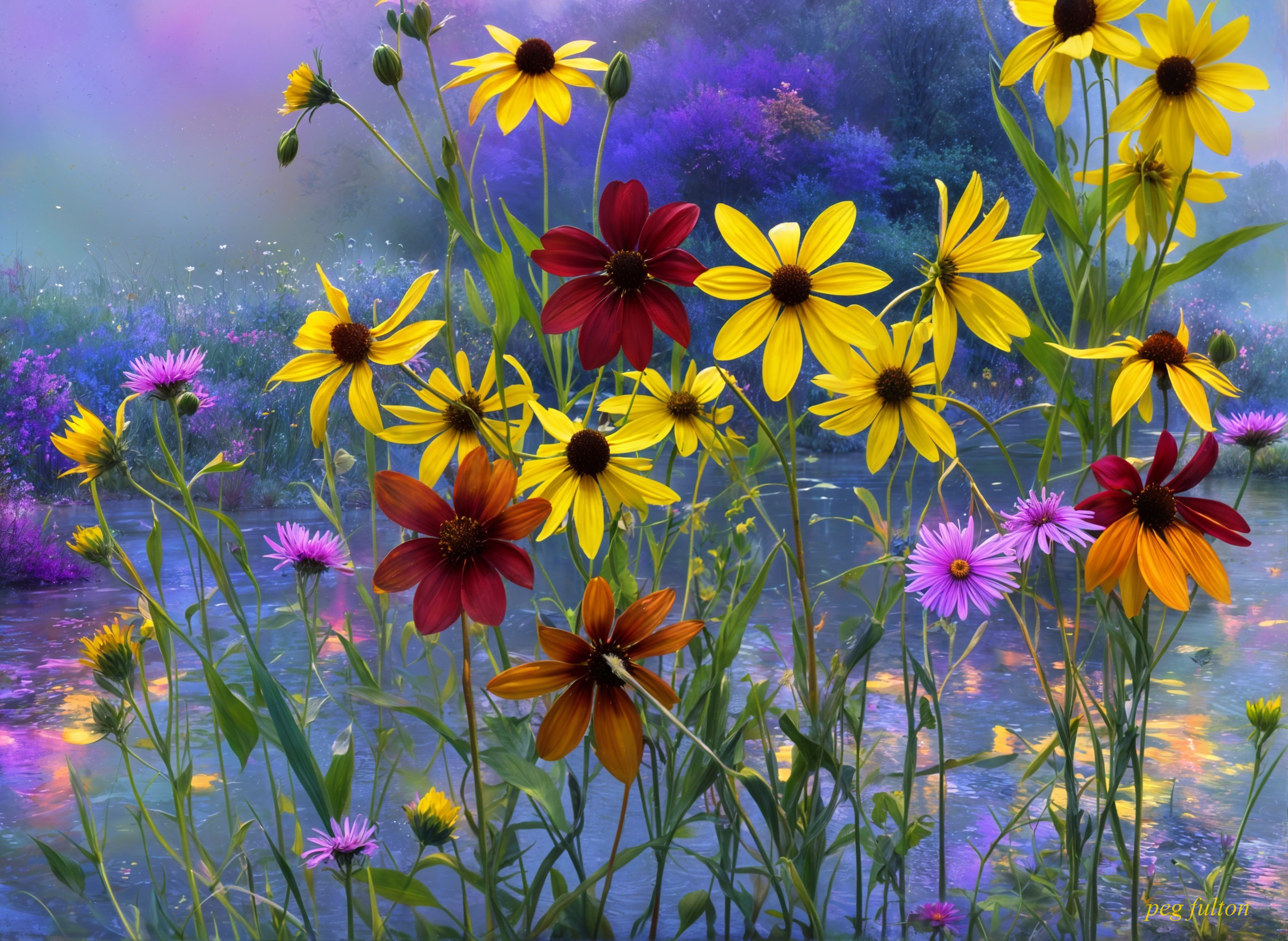 Vibrant Wildflower Scene by Serene Pond