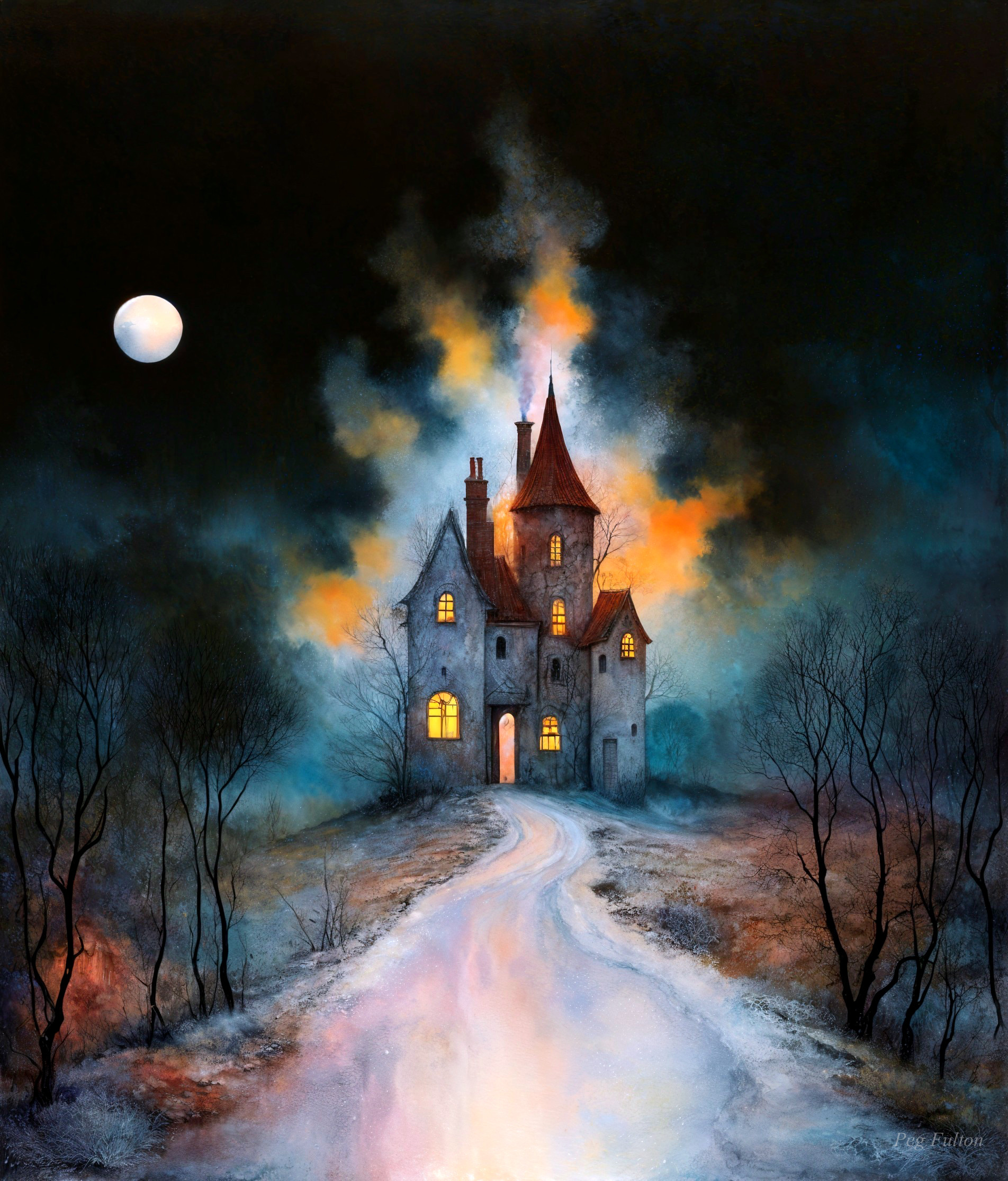 Moonlit Castle Surrounded by Fog and Ghostly Trees