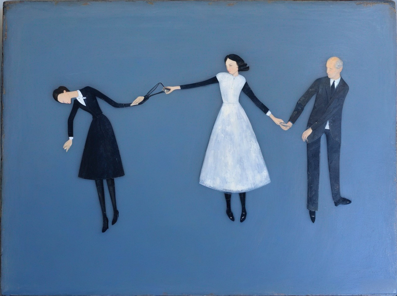 Three Figures in Tension Against Blue Background