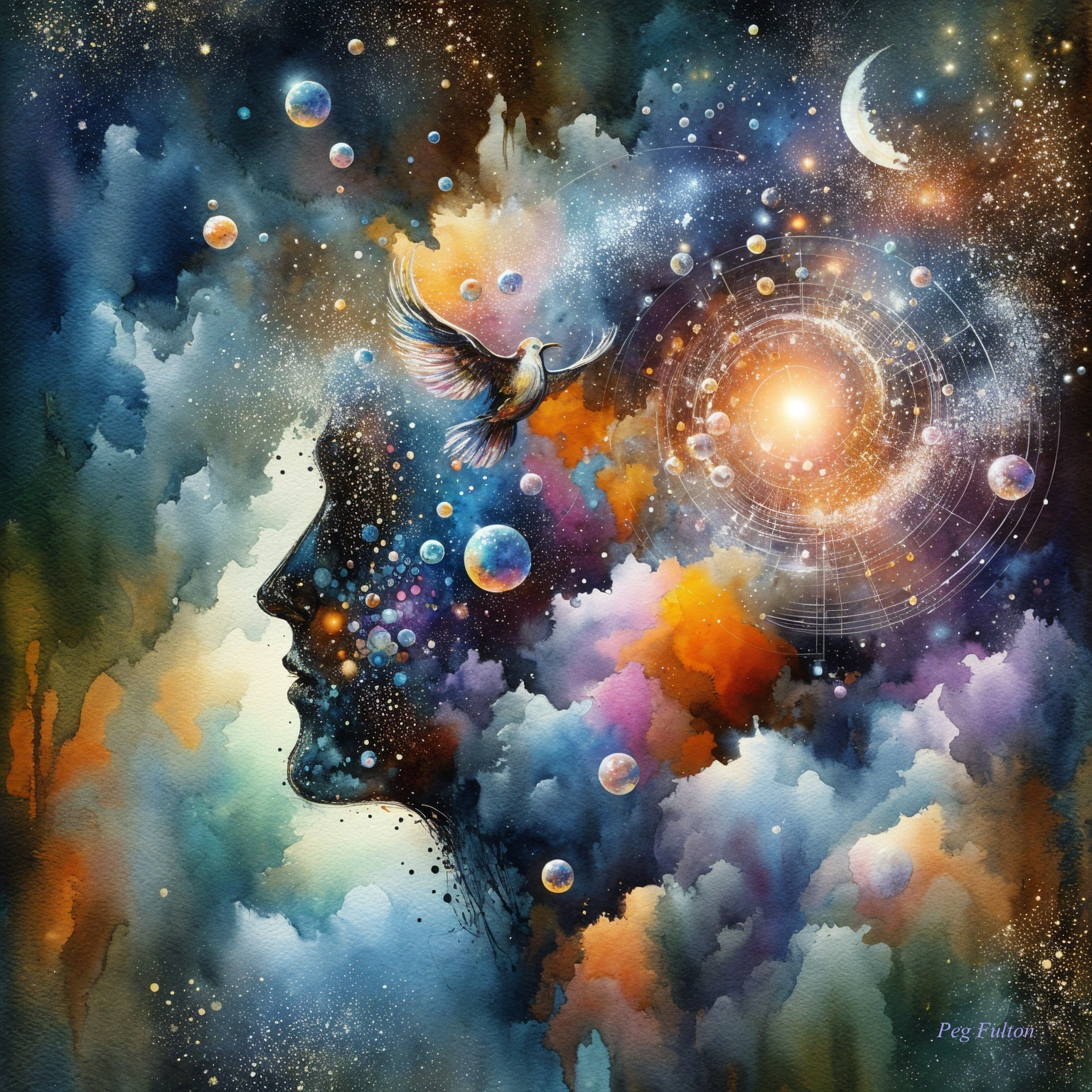 Cosmic Landscape with Human Face Silhouette and Bird