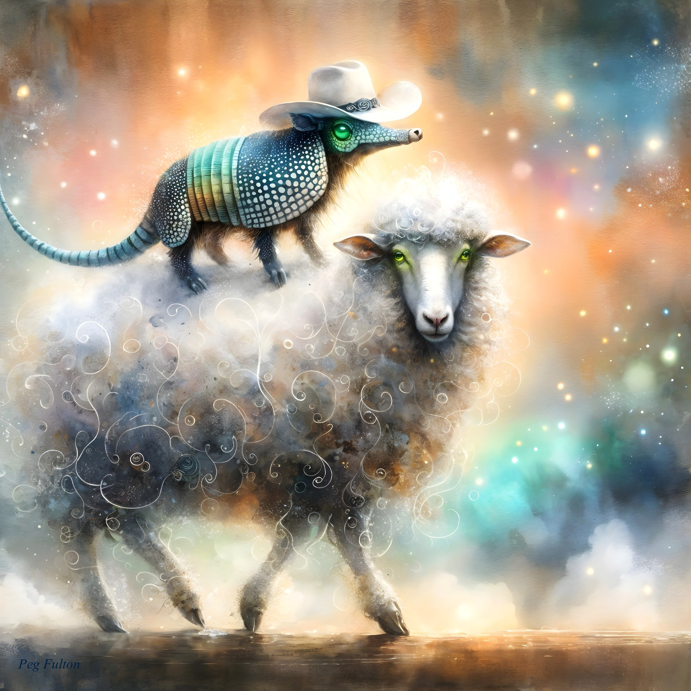 Colorful Lizard on Glowing Sheep in Dreamlike Scene