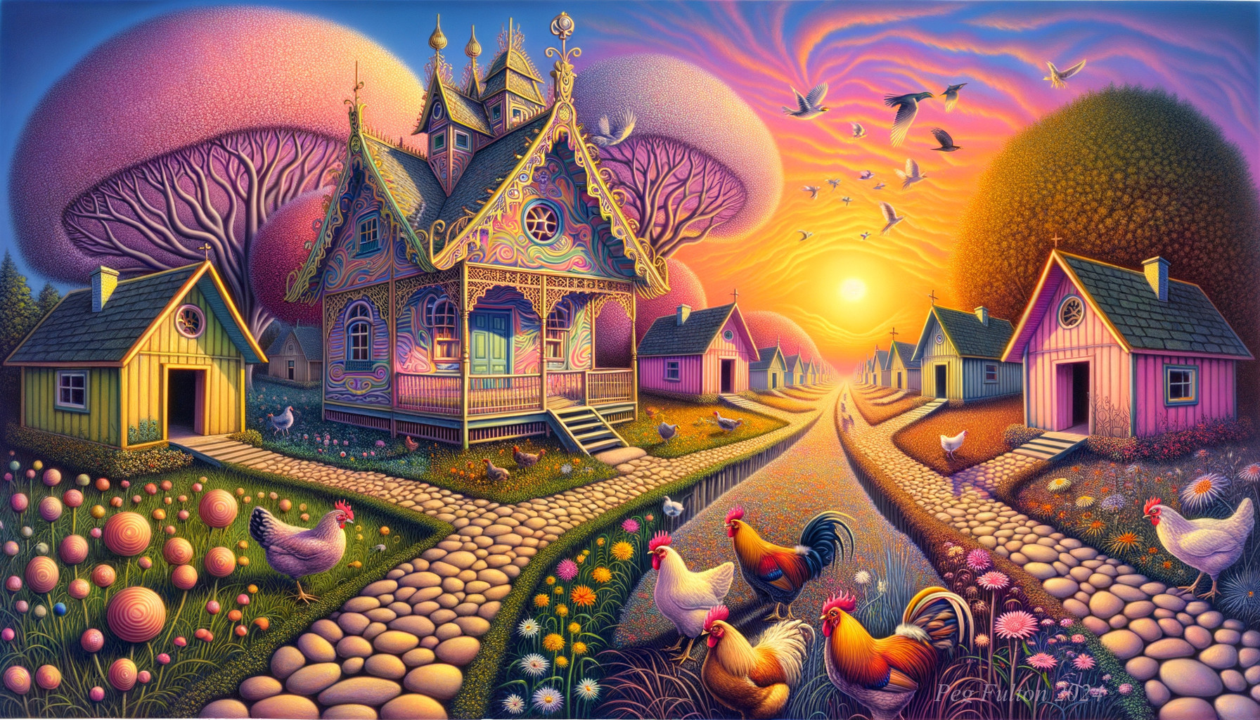 Whimsical Landscape with Vibrant House at Sunset