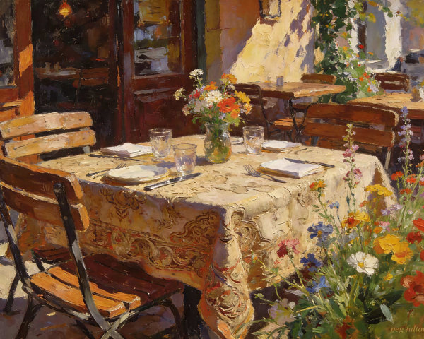 Impressionistic Oil Painting of Outdoor Cafe Scene