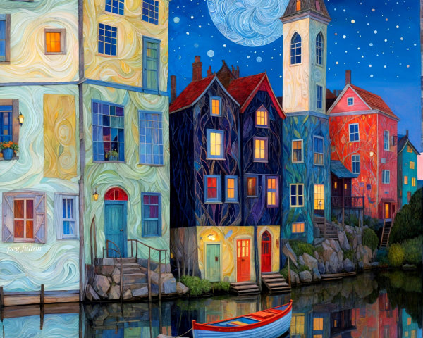 Whimsical Waterfront Village at Night with Moonlight