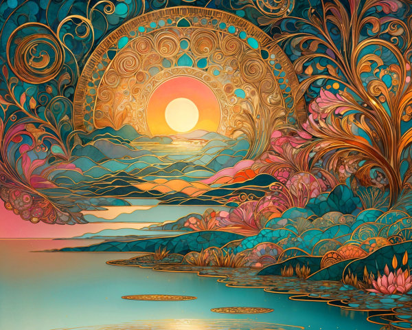Vibrant Landscape with Serene Lake and Sunset Reflections