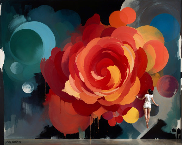 Vibrant mural of a swirling rose with abstract circles