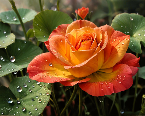 Vibrant Orange and Yellow Rose with Dewy Leaves