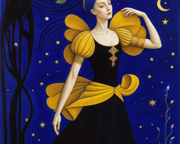 Elegant woman in black gown with yellow sleeves and cat