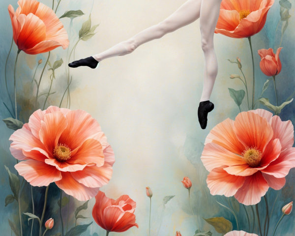 Ballet Dancer Among Vibrant Pink Poppies in Pastels