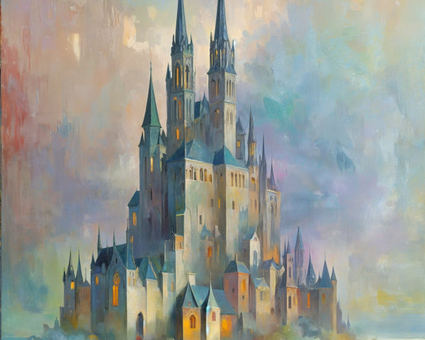 Majestic castle in a misty landscape at sunset