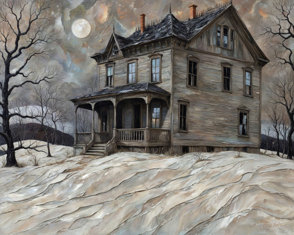 Old Victorian House in Snowy Landscape at Night