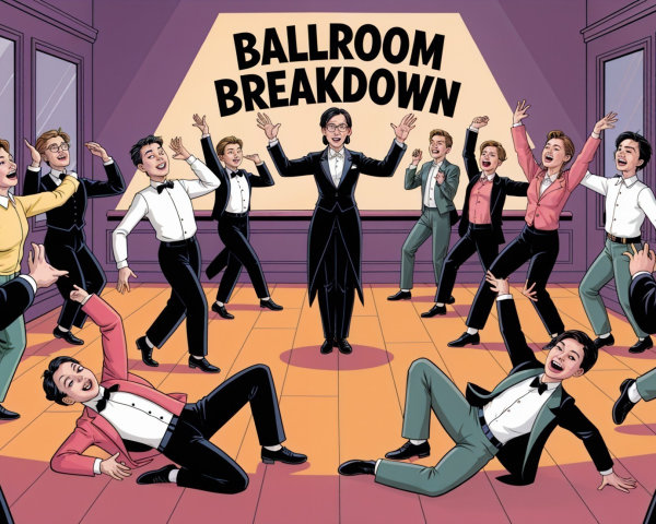 Lively ballroom scene with energetic dancers and conductor