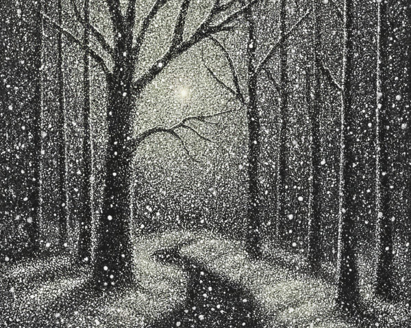 Whimsical Nighttime Forest Scene in Pen and Ink Stippling