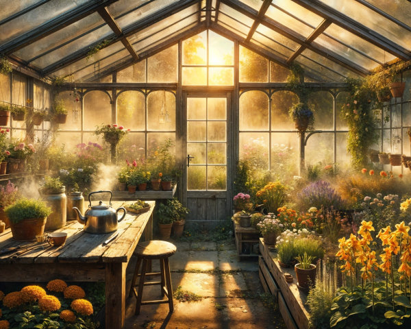 Serene greenhouse with blooming flowers and cozy decor