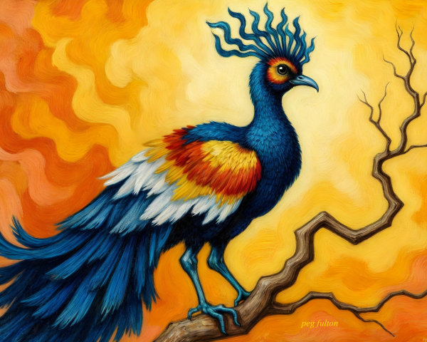 Vividly Colored Bird on Gnarled Branch with Warm Hues