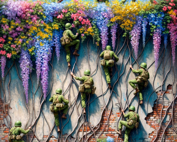 Mural of Soldiers Among Colorful Flowers and Vines